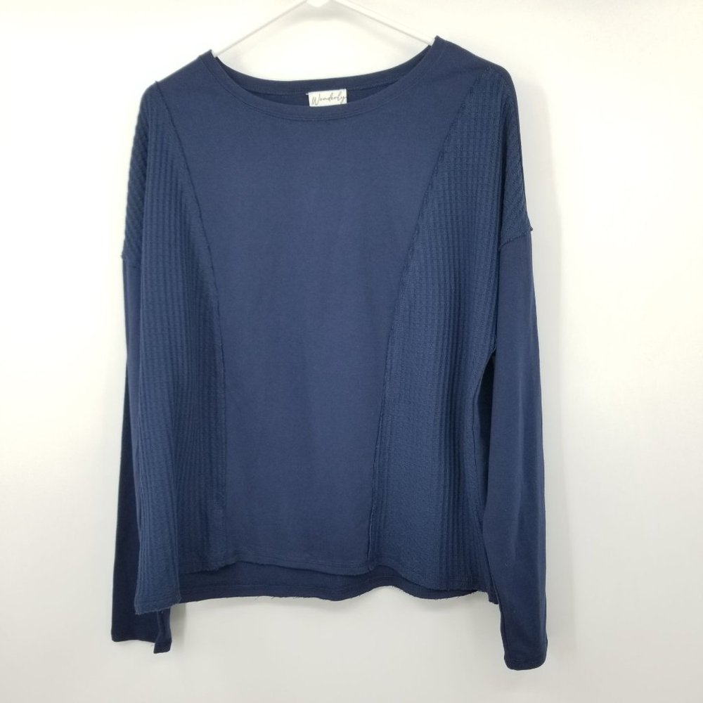 NWT Wonderly Blue Waffle Knit Long Sleeved Blouse‎ Shirt Size Large